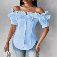 One Shoulder Lotus Leaf Edge Short Sleeved Shirt - Thumbnail 1
