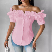 One Shoulder Lotus Leaf Edge Short Sleeved Shirt - Thumbnail 2