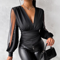 Long Sleeved V-Neck Elegant Temperament Mesh Splicing Top - Thumbnail 1