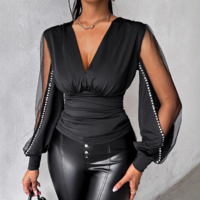 Long Sleeved V-Neck Elegant Temperament Mesh Splicing Top - Thumbnail 2