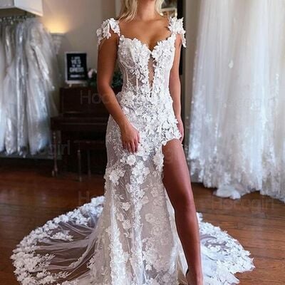 Elegant sheath sleeveless lace appliques side slit wedding dress bridal gown