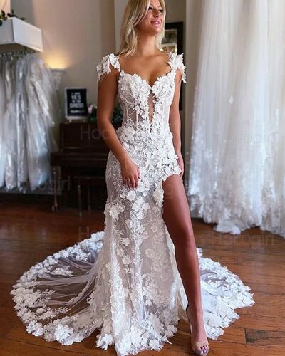 Elegant Sheath Sleeveless Lace Appliques Side Slit Wedding Dress Bridal Gown