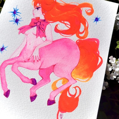 5.5 x 6.5 neon centaur watercolor piece