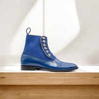  Handmade Blue Men's Leather Suede Button Boot - Thumbnail 2