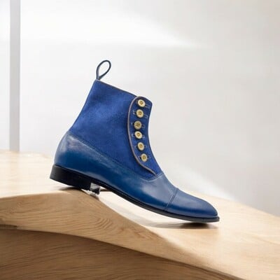  handmade blue men's leather suede button boot