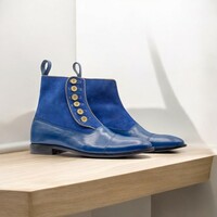  Handmade Blue Men's Leather Suede Button Boot - Thumbnail 1