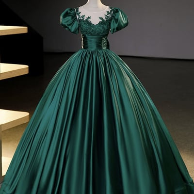 Green satin lace short sleeve floor length prom party dress - Thumbnail 1
