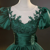 Green Satin Lace Short Sleeve Floor Length Prom Party Dress - Thumbnail 1