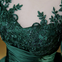 Green Satin Lace Short Sleeve Floor Length Prom Party Dress - Thumbnail 3