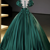 Green Satin Lace Short Sleeve Floor Length Prom Party Dress - Thumbnail 5