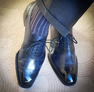 Latest Men's Hand Stitch Navy Blue Brogue Style Shoes, Genuine Leather Lace Up Christmas Shoes