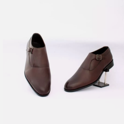 Handmade men's brown formal monk strap dress shoes, real leather shoes