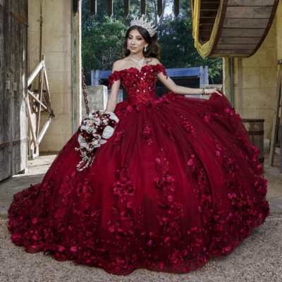 Discount ball gown dark red 3d flowers quince dresses sleeveless appliques