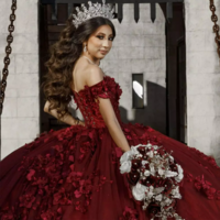Discount Ball Gown Dark Red 3D Flowers Quince Dresses Sleeveless Appliques - Thumbnail 4