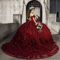 Discount Ball Gown Dark Red 3D Flowers Quince Dresses Sleeveless Appliques - Thumbnail 5