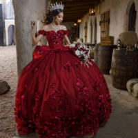 Discount Ball Gown Dark Red 3D Flowers Quince Dresses Sleeveless Appliques - Thumbnail 6