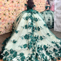 3D Flowers Off Shoulder Quinceanera Dress Emerald Green Tulle Appliques Beaded - Thumbnail 2
