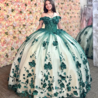 3D Flowers Off Shoulder Quinceanera Dress Emerald Green Tulle Appliques Beaded - Thumbnail 1