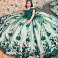 3D Flowers Off Shoulder Quinceanera Dress Emerald Green Tulle Appliques Beaded - Thumbnail 5