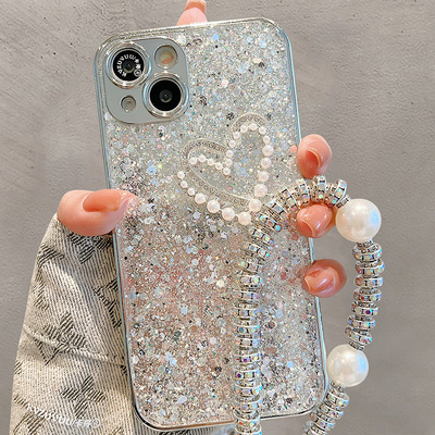 Glitter pearl heart case with bracelet for iphone 16 15 14 ips706 - Thumbnail 4