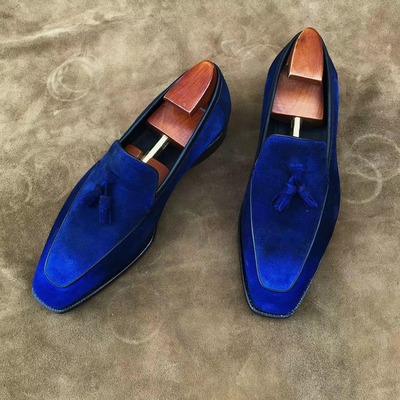 Christmas Men's Handmade Blue Tassels Loafer Style Genuine Suede Formal Shoes