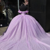 Glitter Off The Shoulder Ball Gown Lilac Quince Dresses Lace up back - Thumbnail 1