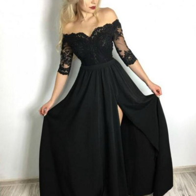 A line off shoulder black chiffon prom dresses with lace - Thumbnail 1