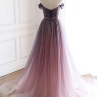 Unique Off Shoulder Gradient Purple Tulle Long Prom Dresses - Thumbnail 1