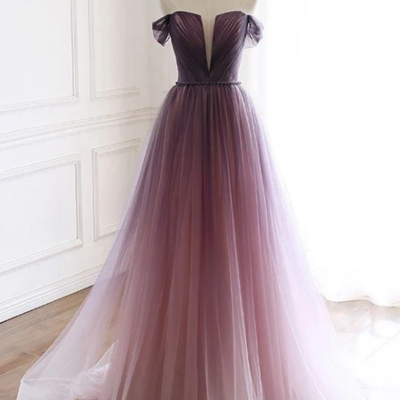 Unique off shoulder gradient purple tulle long prom dresses