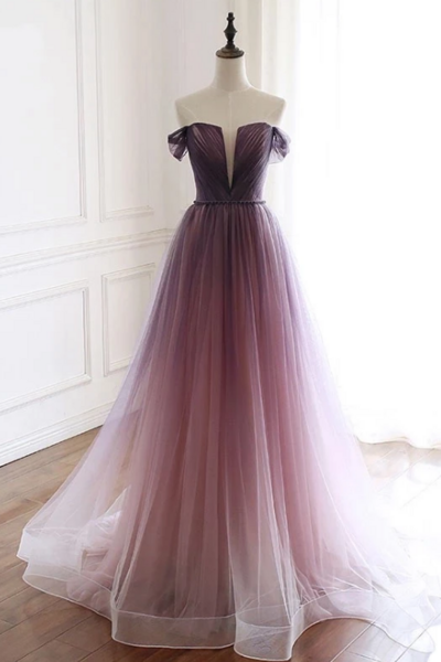 Unique Off Shoulder Gradient Purple Tulle Long Prom Dresses