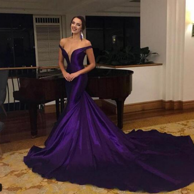 Off the shoulder satin purple mermaid prom dresses