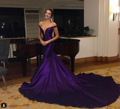 Off the Shoulder Satin Purple Mermaid Prom Dresses