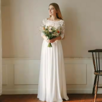 A Line Lace Chiffon Floor Length Ivory Wedding Dresses - Thumbnail 1