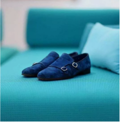 Handmade Men's Double Monk Strap Round Toe Dress Shoes, Real Suede Shoes