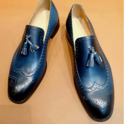 Handmade men navy blue wing tip brogue dress moccasin, men leather brogue formal shoes