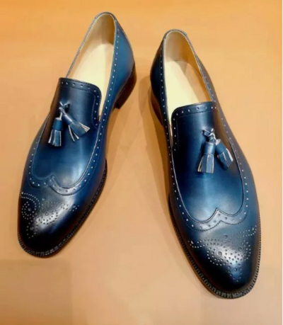 Handmade men navy blue wing tip brogue dress moccasin, men leather brogue formal shoes