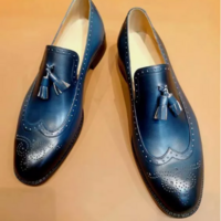 Handmade men navy blue wing tip brogue dress moccasin, men leather brogue formal shoes - Thumbnail 1