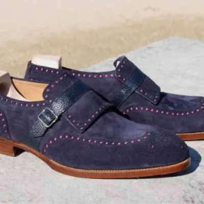 Handmade men's blue wing tip brogue monk strap dress shoes, real suede shoes