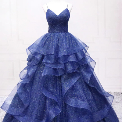 Blue layers tulle floor length prom dress, a-line spaghetti strap party dress - Thumbnail 1