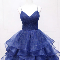 Blue Layers Tulle Floor Length Prom Dress, A-Line Spaghetti Strap Party Dress - Thumbnail 1
