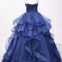 Blue Layers Tulle Floor Length Prom Dress, A-Line Spaghetti Strap Party Dress - Thumbnail 4