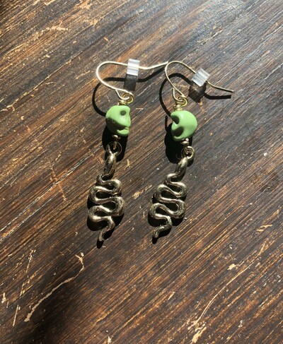 Green Skull Serpent Earrings
