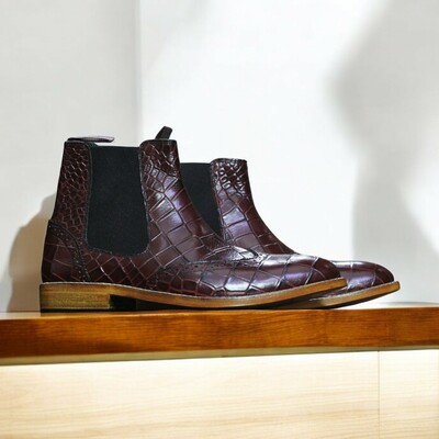 Handmade genuine cow-hide alligator textured leather boots for men, chelsea exotic 