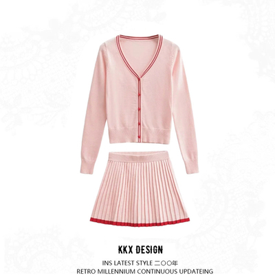 V-neck trim single-breasted wear that show knitted cardigan high waist pleated a-line skirt suit