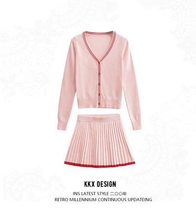 V-neck trim single-breasted wear that show knitted cardigan high waist pleated A-line skirt suit