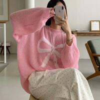 Soft Bow Print Knit Sweater - Thumbnail 1