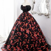 Black Tulle and Red Sequins Long Formal Gown, Off the Shoulder Evening Party Dress - Thumbnail 1