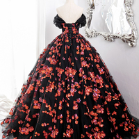 Black Tulle and Red Sequins Long Formal Gown, Off the Shoulder Evening Party Dress - Thumbnail 3
