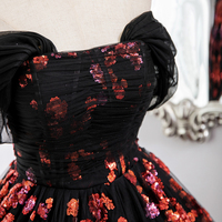 Black Tulle and Red Sequins Long Formal Gown, Off the Shoulder Evening Party Dress - Thumbnail 4