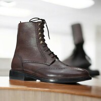 Ankle High Green Leather Handmade Boot, Men's Wing Tip Boot - Thumbnail 1